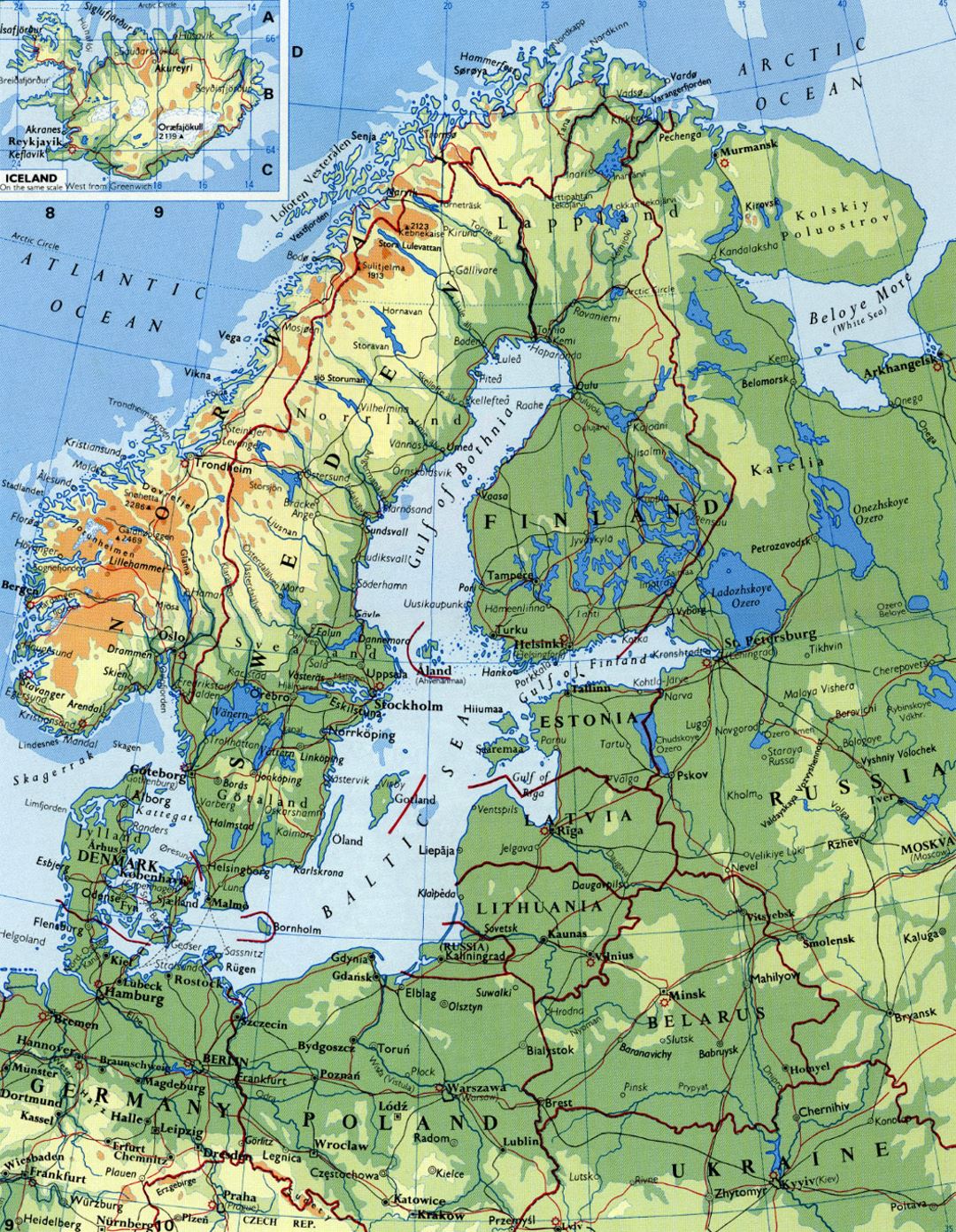 Detailed elevation map of Scandinavia