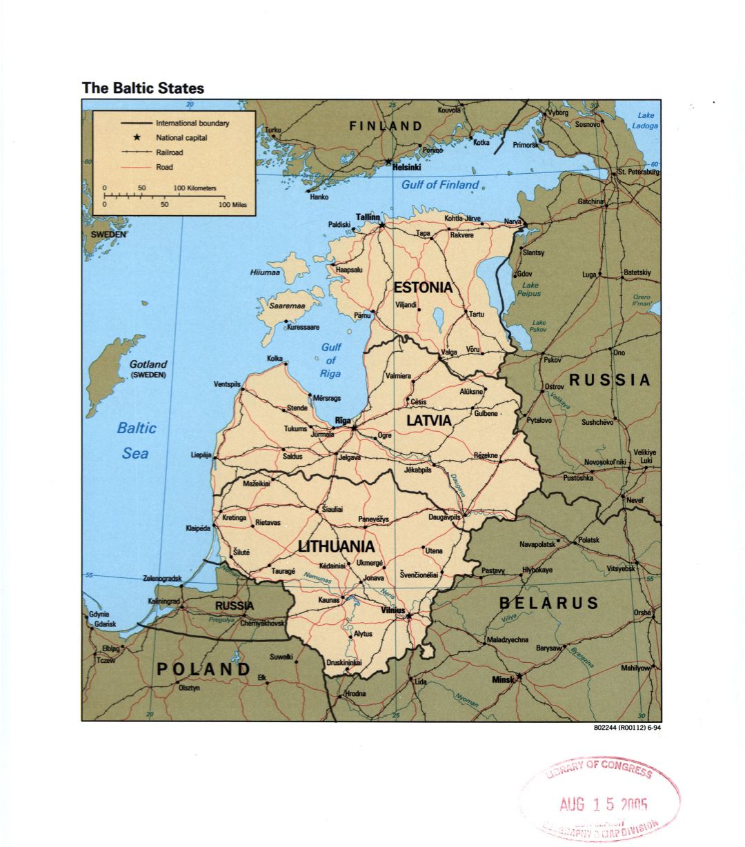 Large detailed political map of the Baltic States with roads, railroads and large cities - 1994