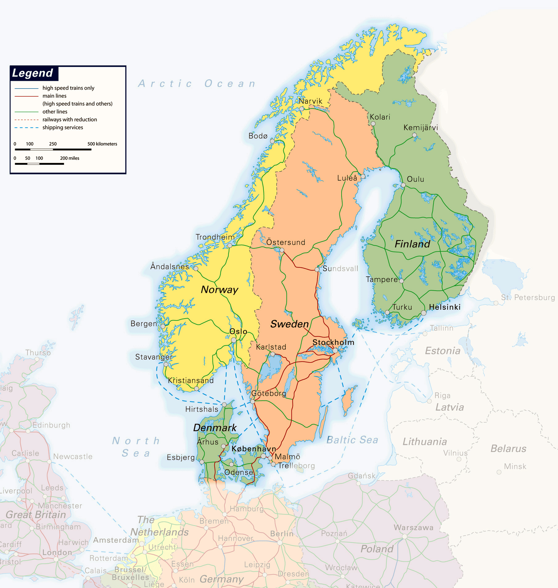 Large Detailed Railways Map Of Scandinavia Baltic And