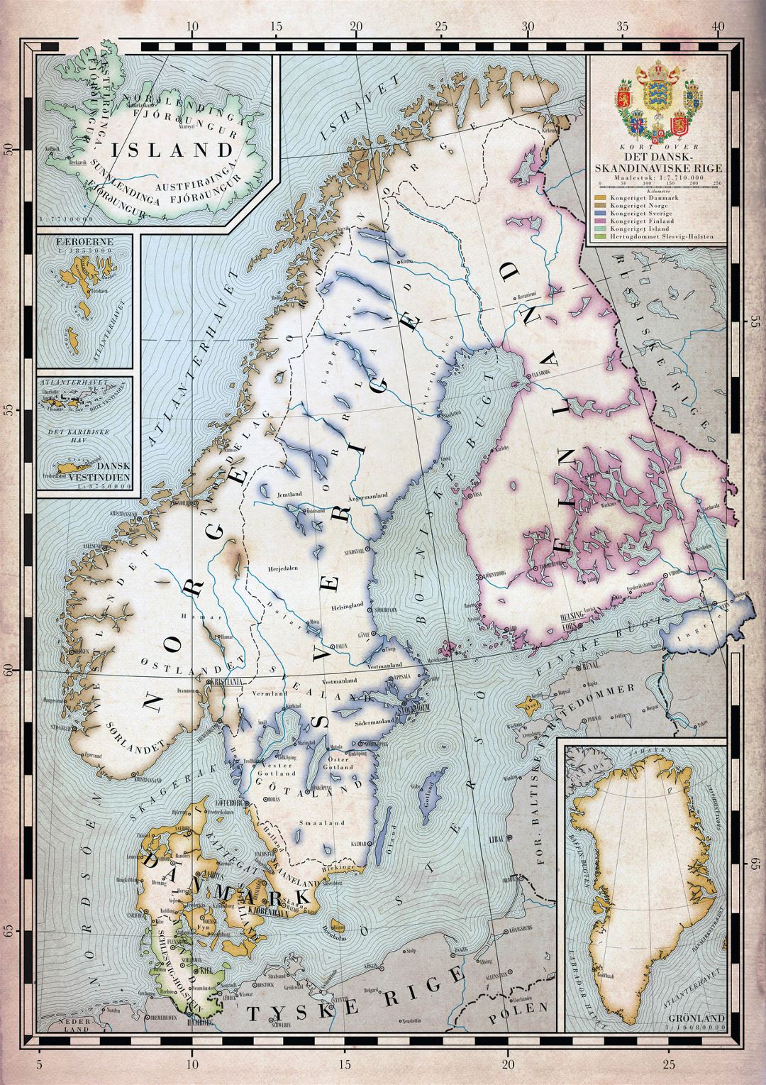 Large old map of Scandinavia