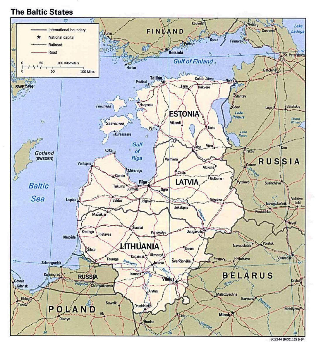 Large political map of the Baltic States with roads and major cities - 1994