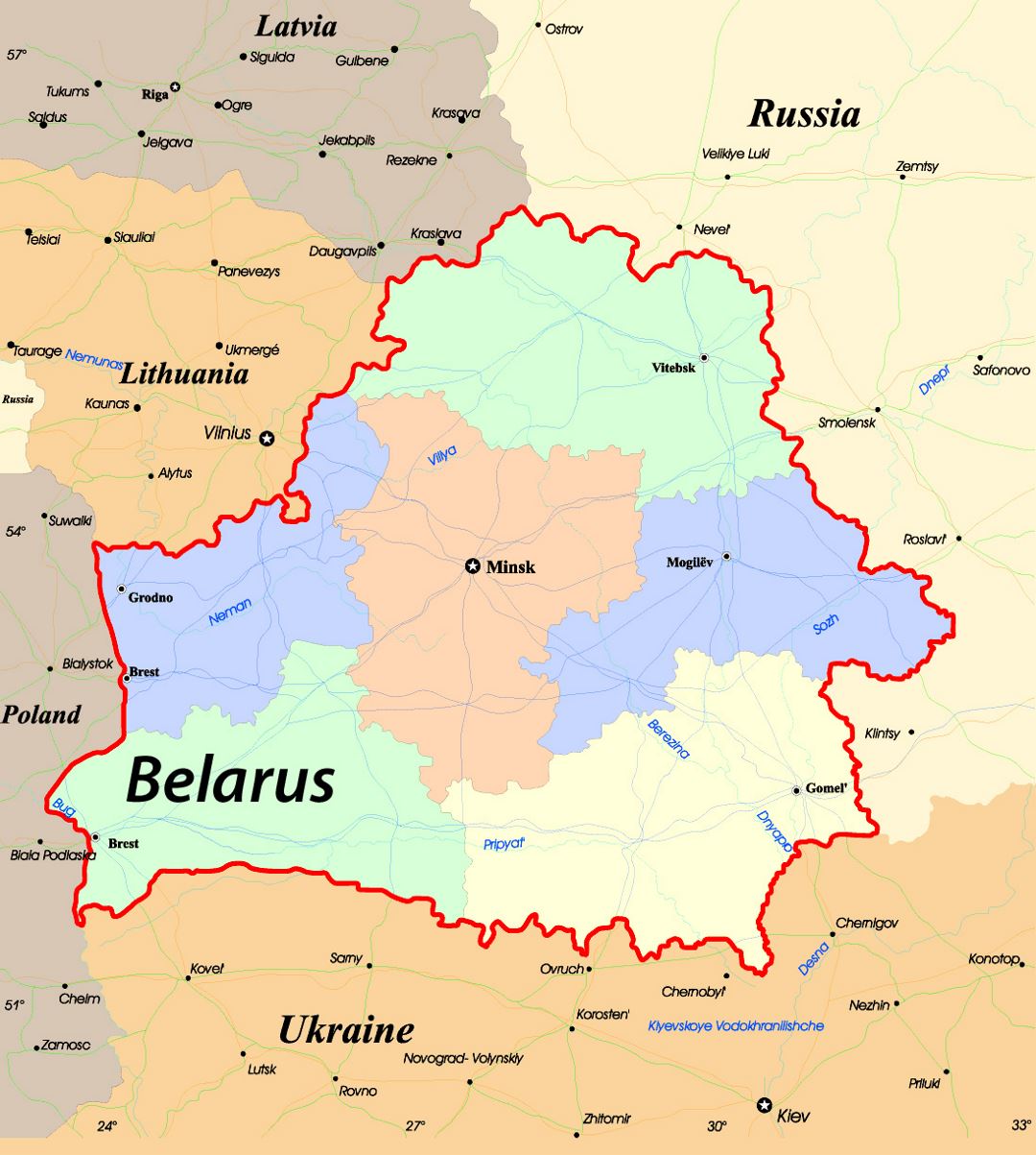 Detailed administrative map of Belarus with international corridors
