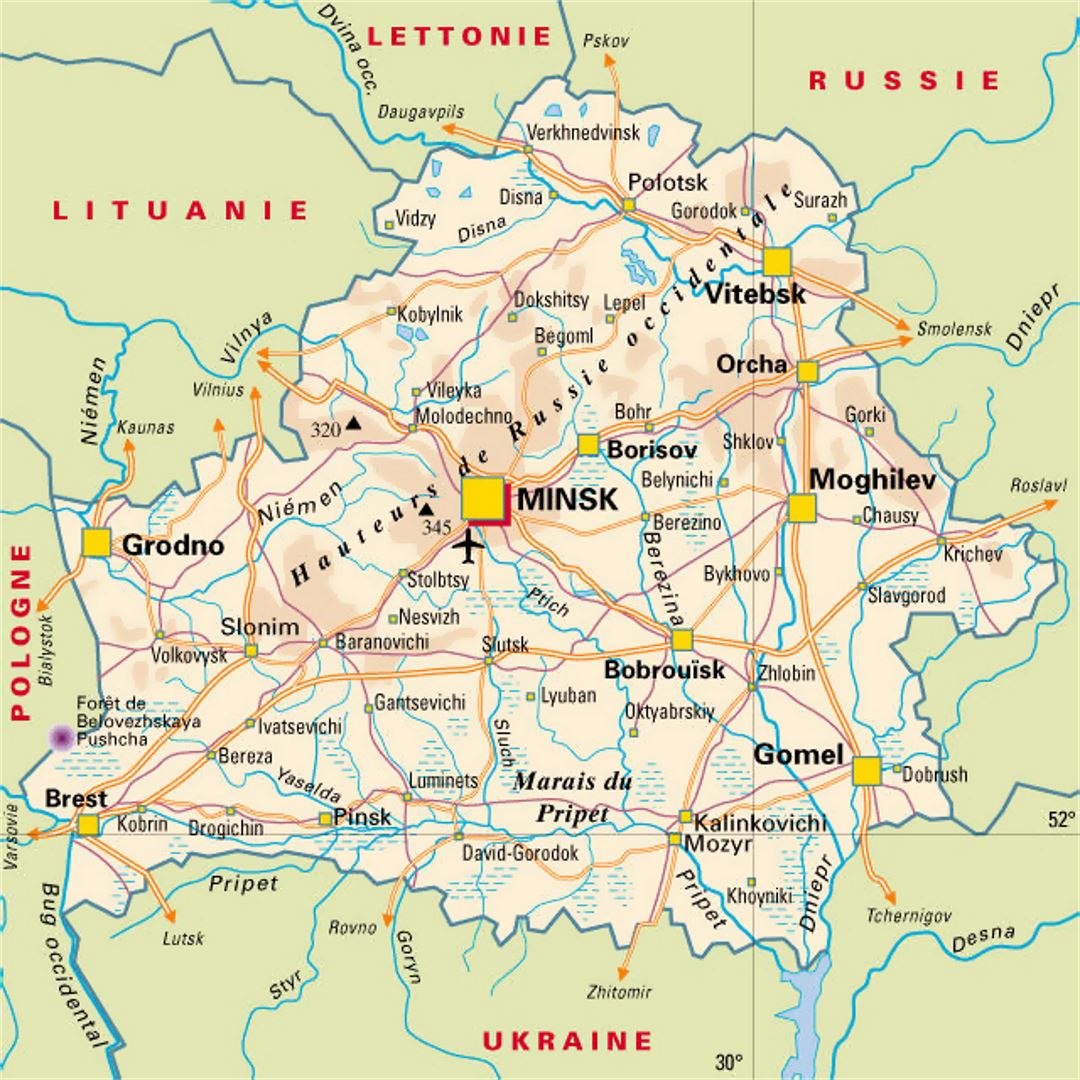 Elevation map of Belarus with roads, cities and airports