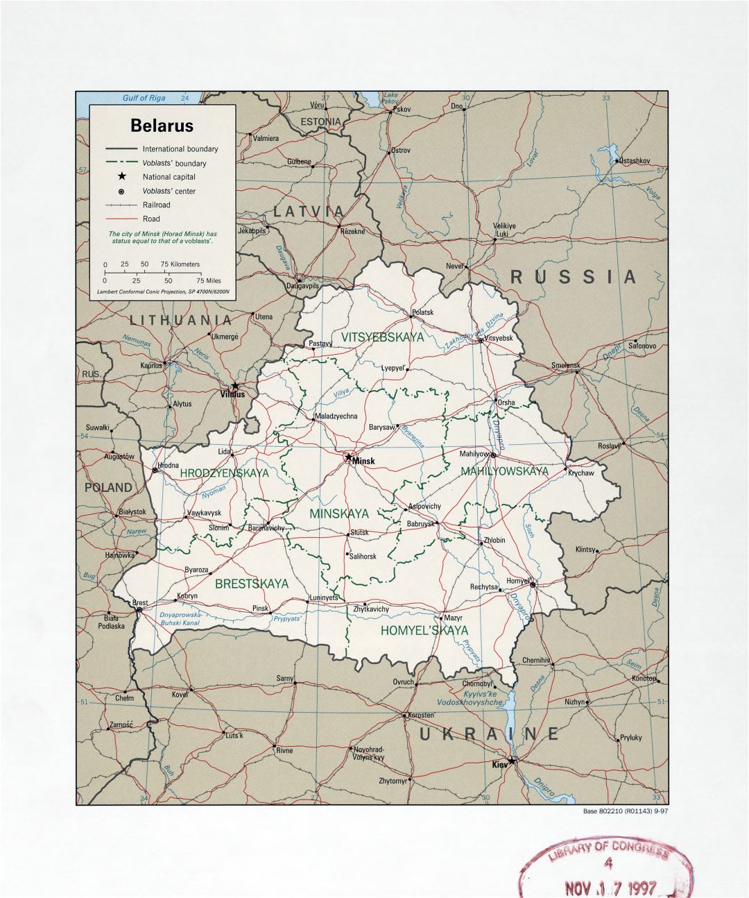 Large detail political and administrative map of Belarus with marks of large cities, roads and railroads - 1997
