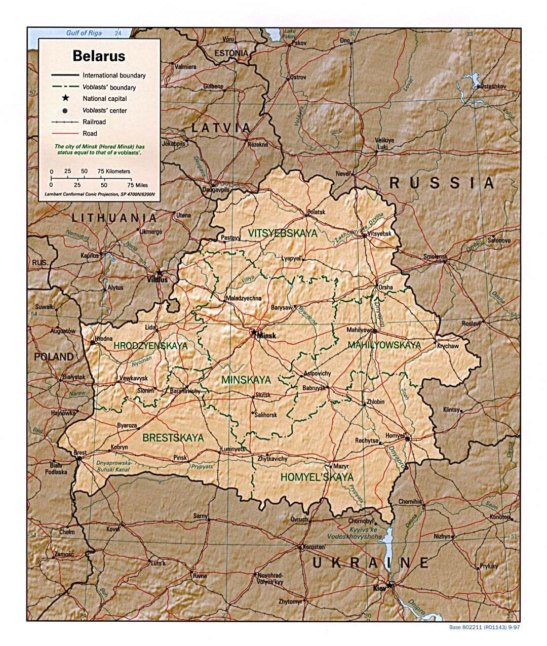 Large political and administrative map of Belarus with relief, roads and major cities - 1997
