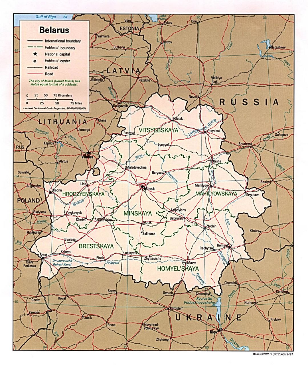 Large political and administrative map of Belarus with roads and major cities - 1997