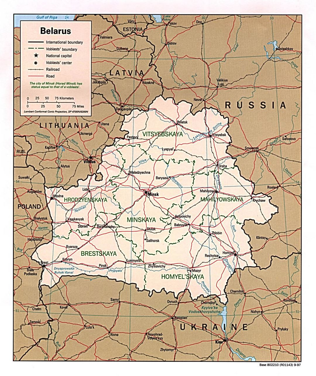 Large political and administrative map of Belarus with roads and major cities - 1997