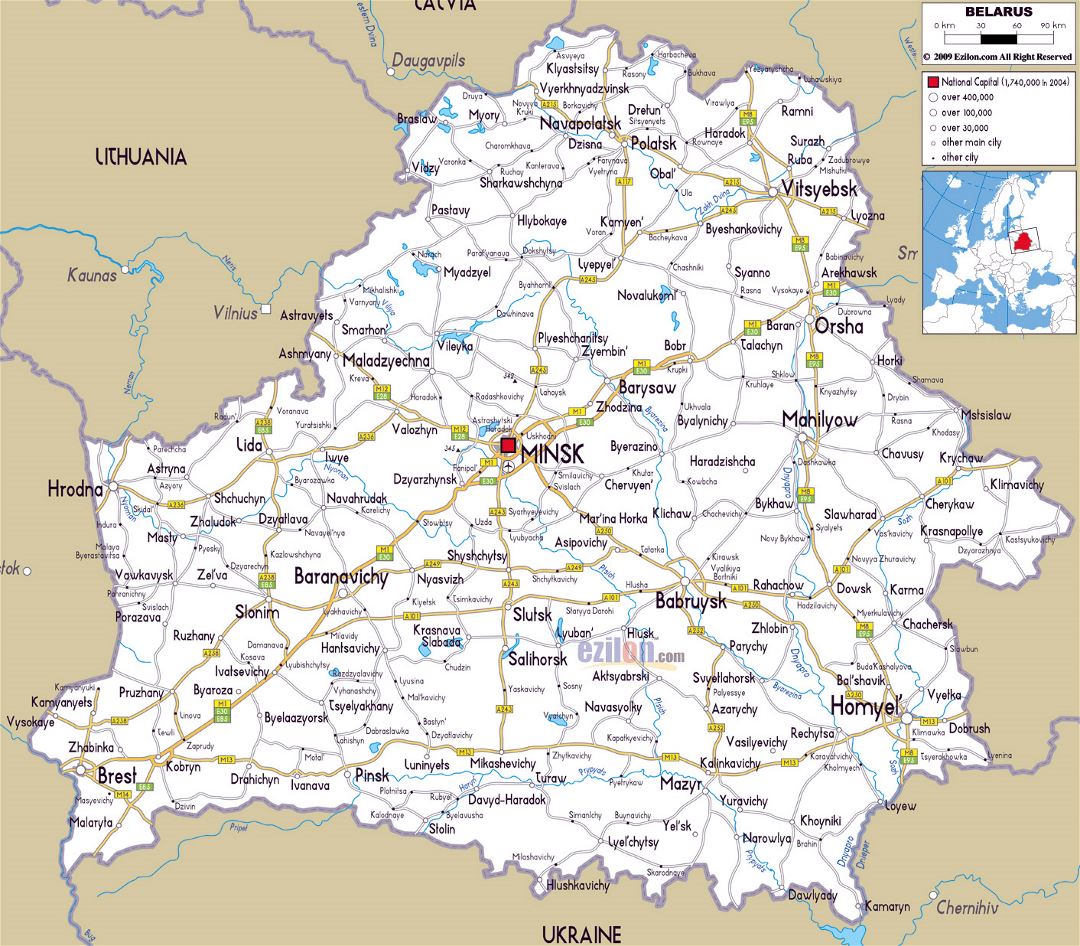 Large road map of Belarus with cities and airports