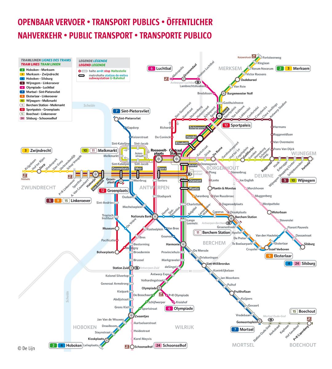 Large detailed public transport map of Antwerp city