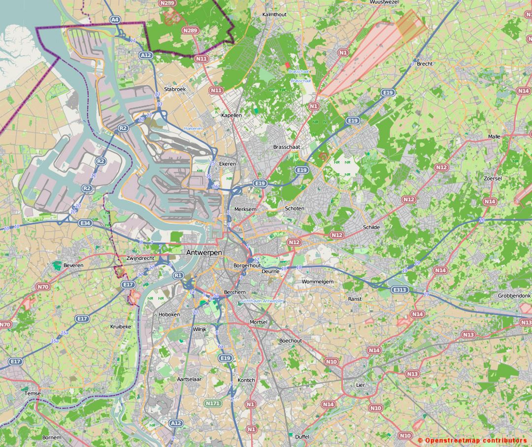 Road map of Antwerp and the surrounding area