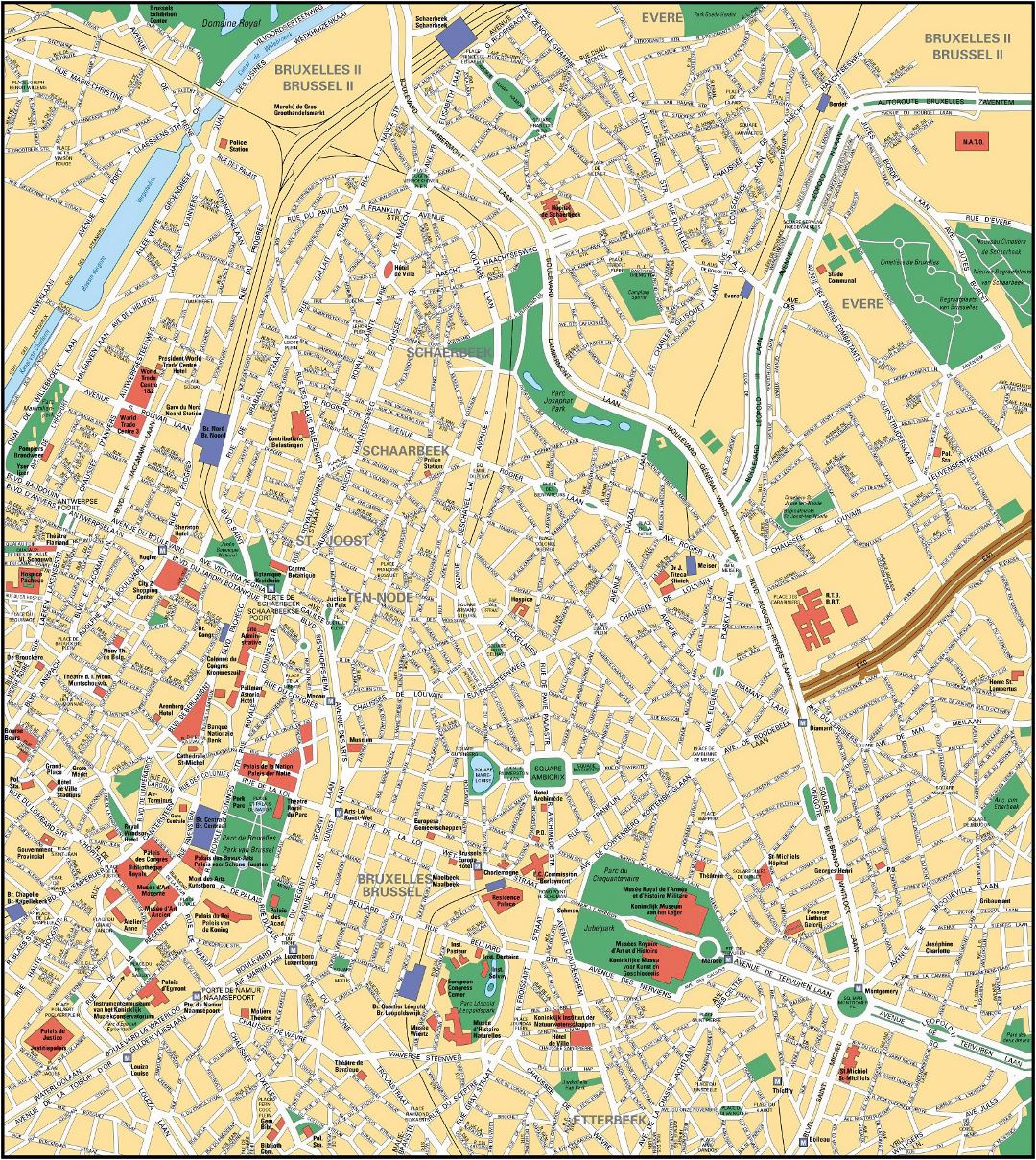 Large detailed road map of Brussels city center