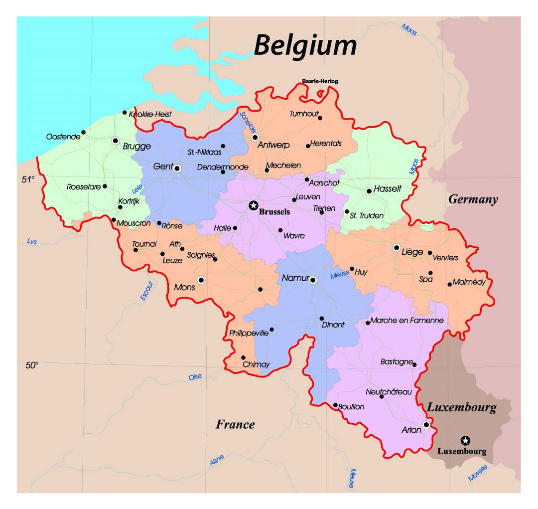 Detailed administrative map of Belgium with roads and major cities