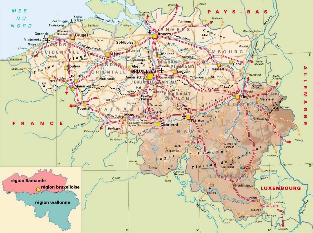 Detailed elevation map of Belgium with highways, cities and airports