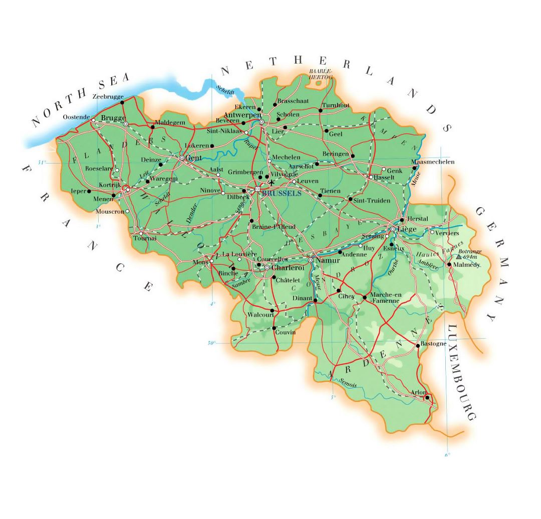 Detailed elevation map of Belgium with roads, cities and airports