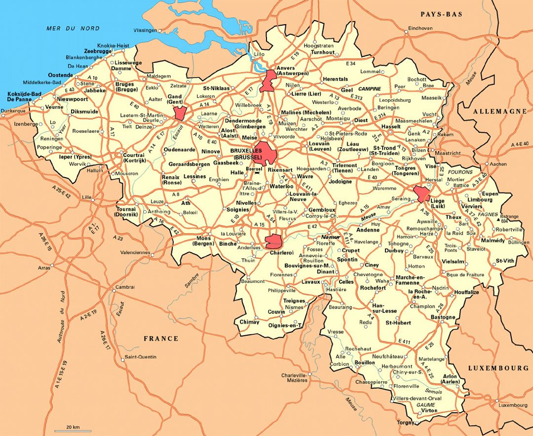 Detailed road map of Belgium