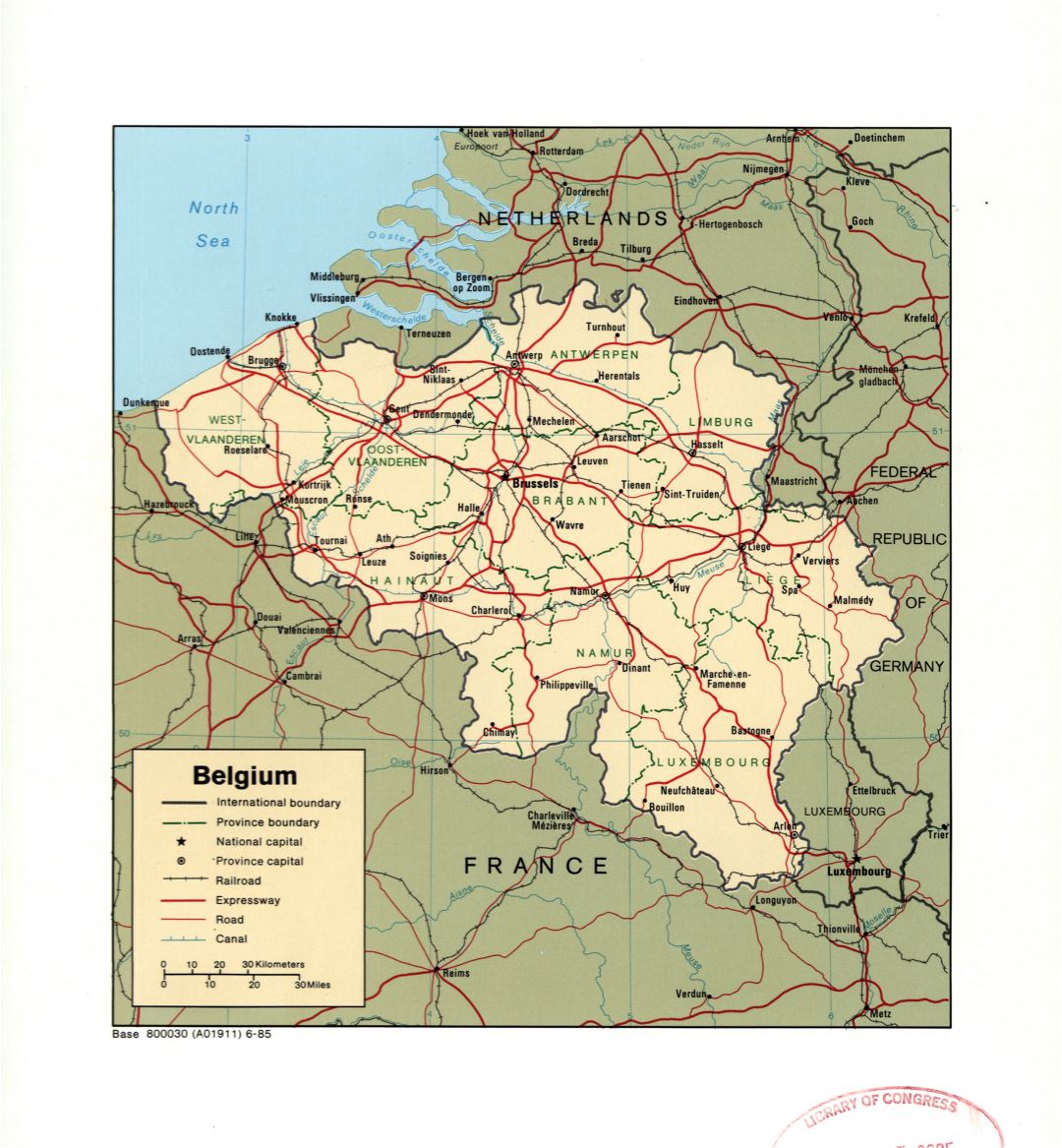 Large detail political and administrative map of Belgium with marks of large cities, roads, railroads and canals - 1985
