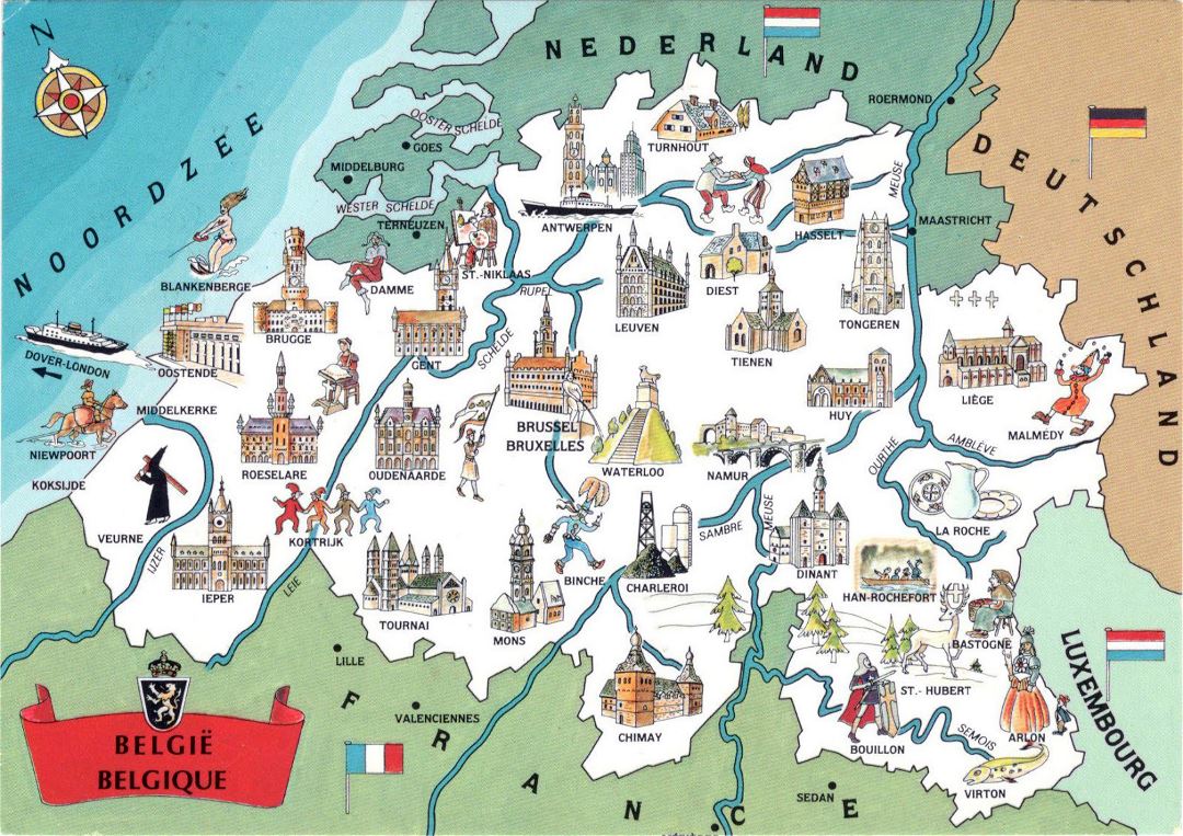 Large detailed tourist illustrated map of Belgium