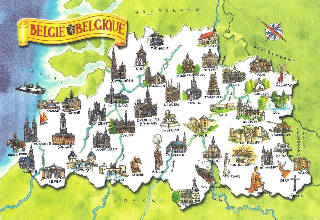 Large detailed travel illustrated map of Belgium