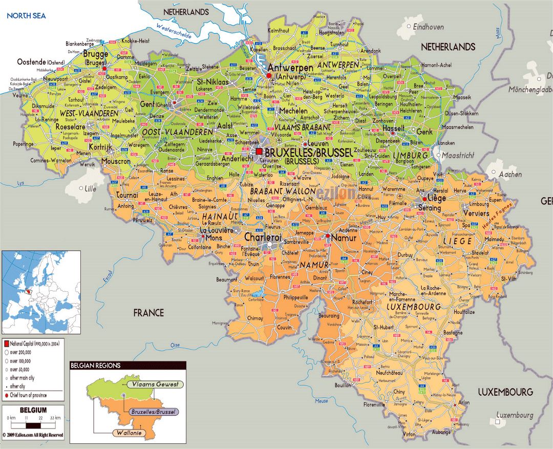 Large political and administrative map of Belgium with roads, cities and airports