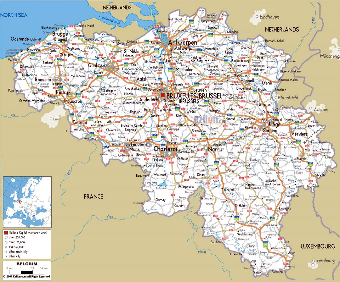 Large road map of Belgium with cities and airports