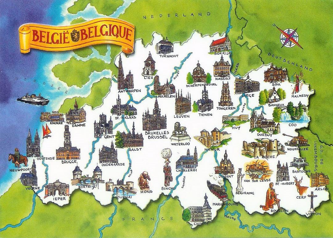 Large tourist illustrated map of Belgium