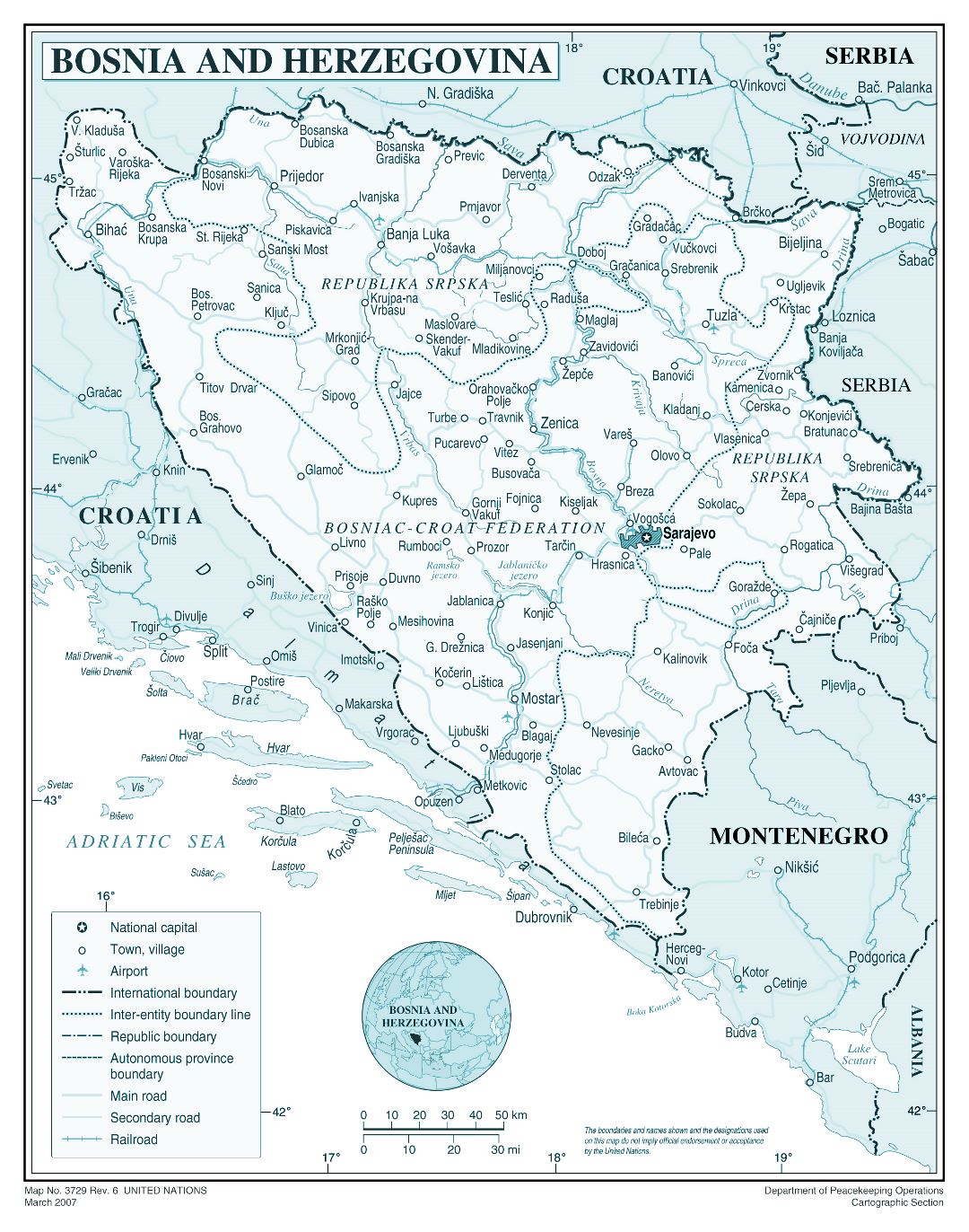 Large detailed political and administrative map of Bosnia and Herzegovina with roads, cities and airports
