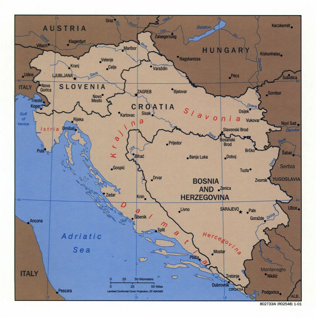 Large detailed political map of Slovenia, Croatia and Bosnia and Herzegovina with major cities