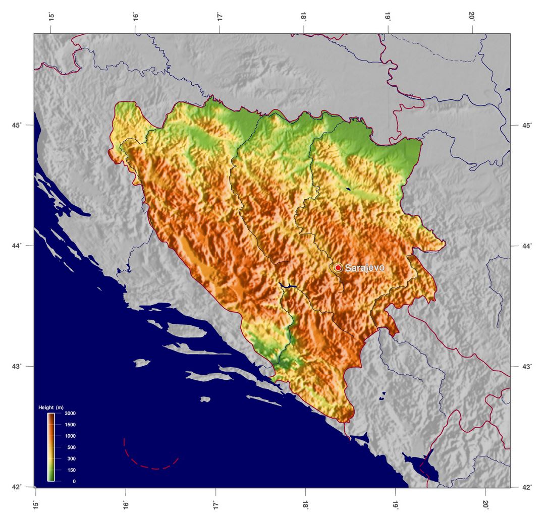 Large elevation map of Bosnia and Herzegovina