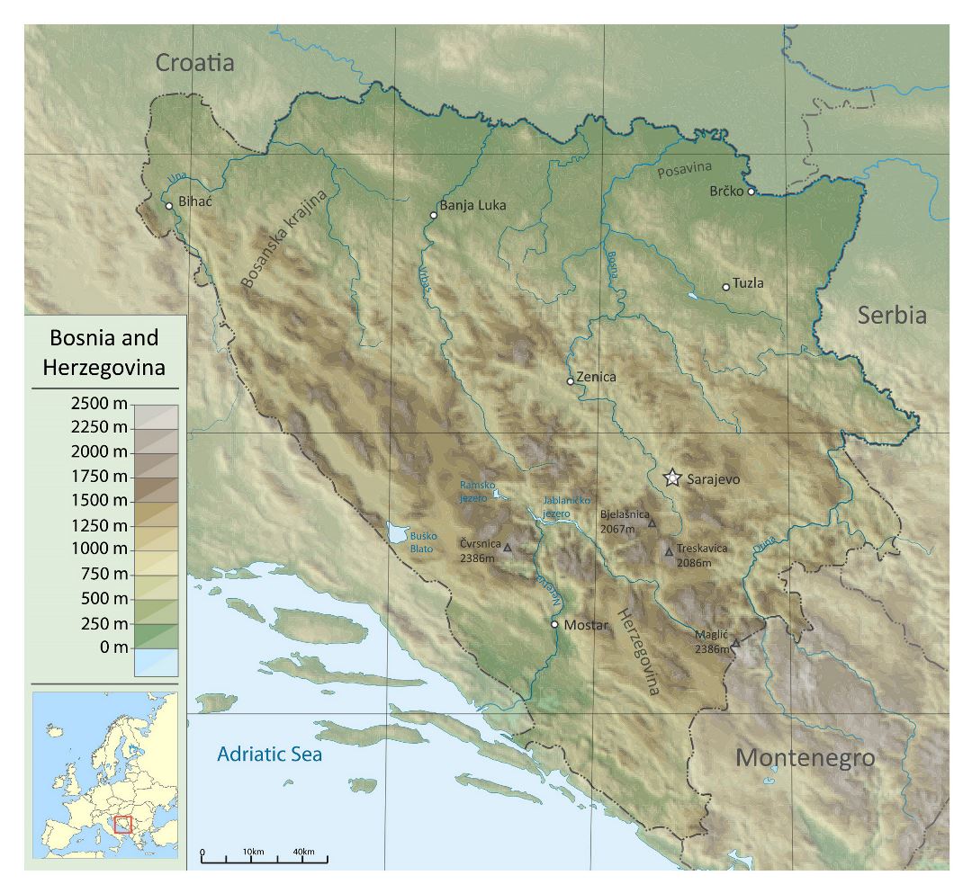 Large physical map of Bosnia and Herzegovina