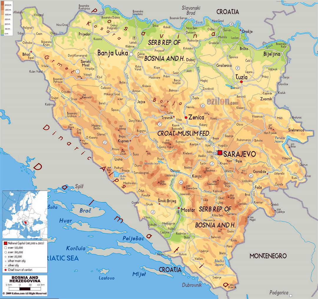 Large physical map of Bosnia and Herzegovina with roads, cities and airports
