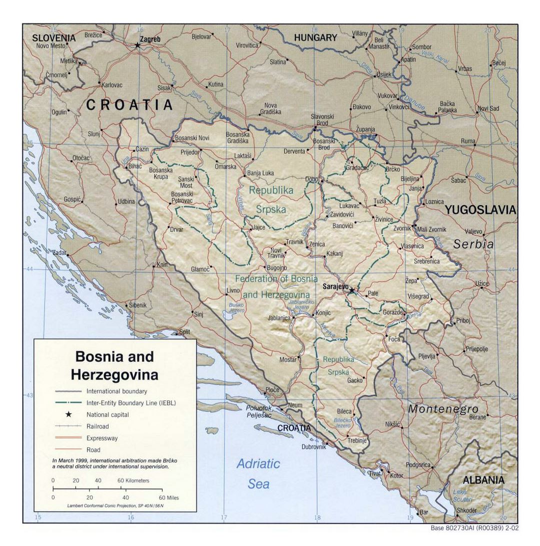 Large political and administrative map of Bosnia and Herzegovina with relief, roads and major cities - 2002