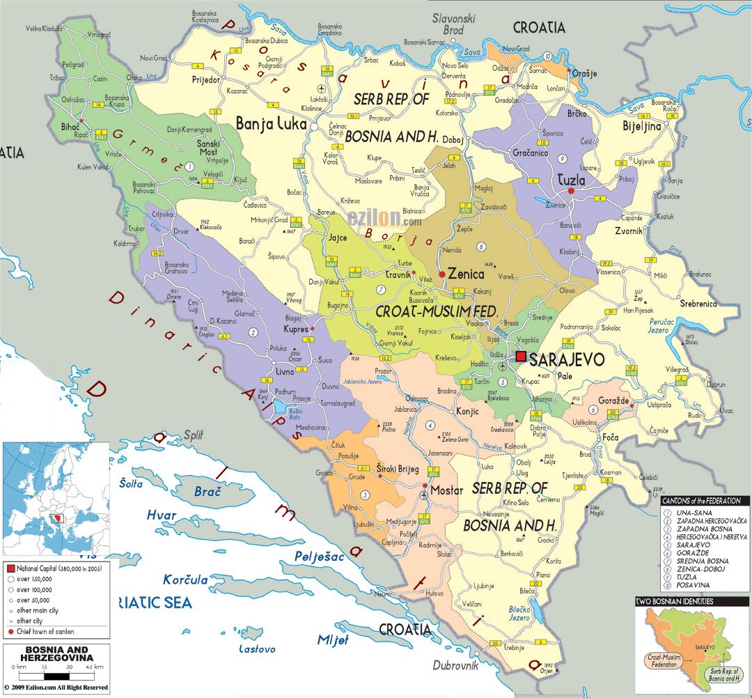 Large political and administrative map of Bosnia and Herzegovina with roads, cities and airports