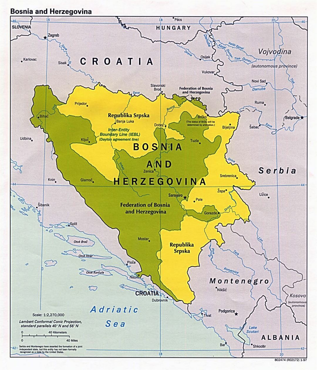 Large political map of Bosnia and Herzegovina - 1997