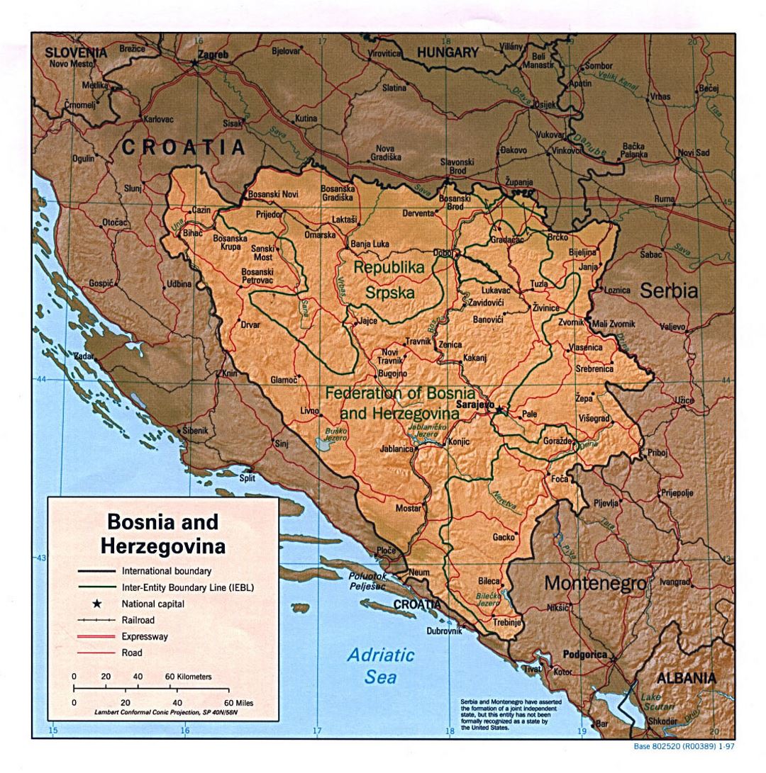 Large political map of Bosnia and Herzegovina with relief - 1997