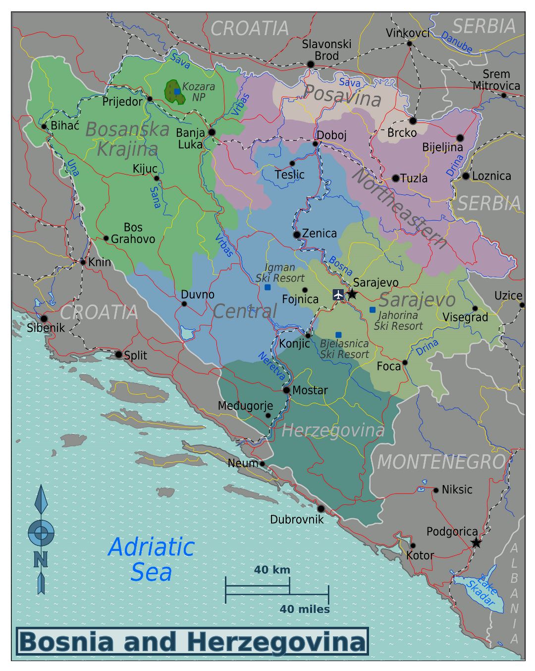 Large regions map of Bosnia and Herzegovina