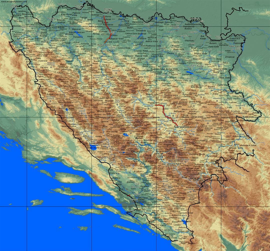 Large relief map of Bosnia and Herzegovina with all cities and villages
