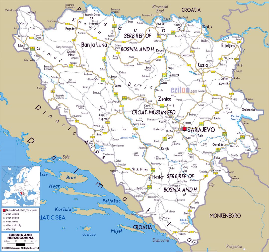 Large road map of Bosnia and Herzegovina with cities and airports