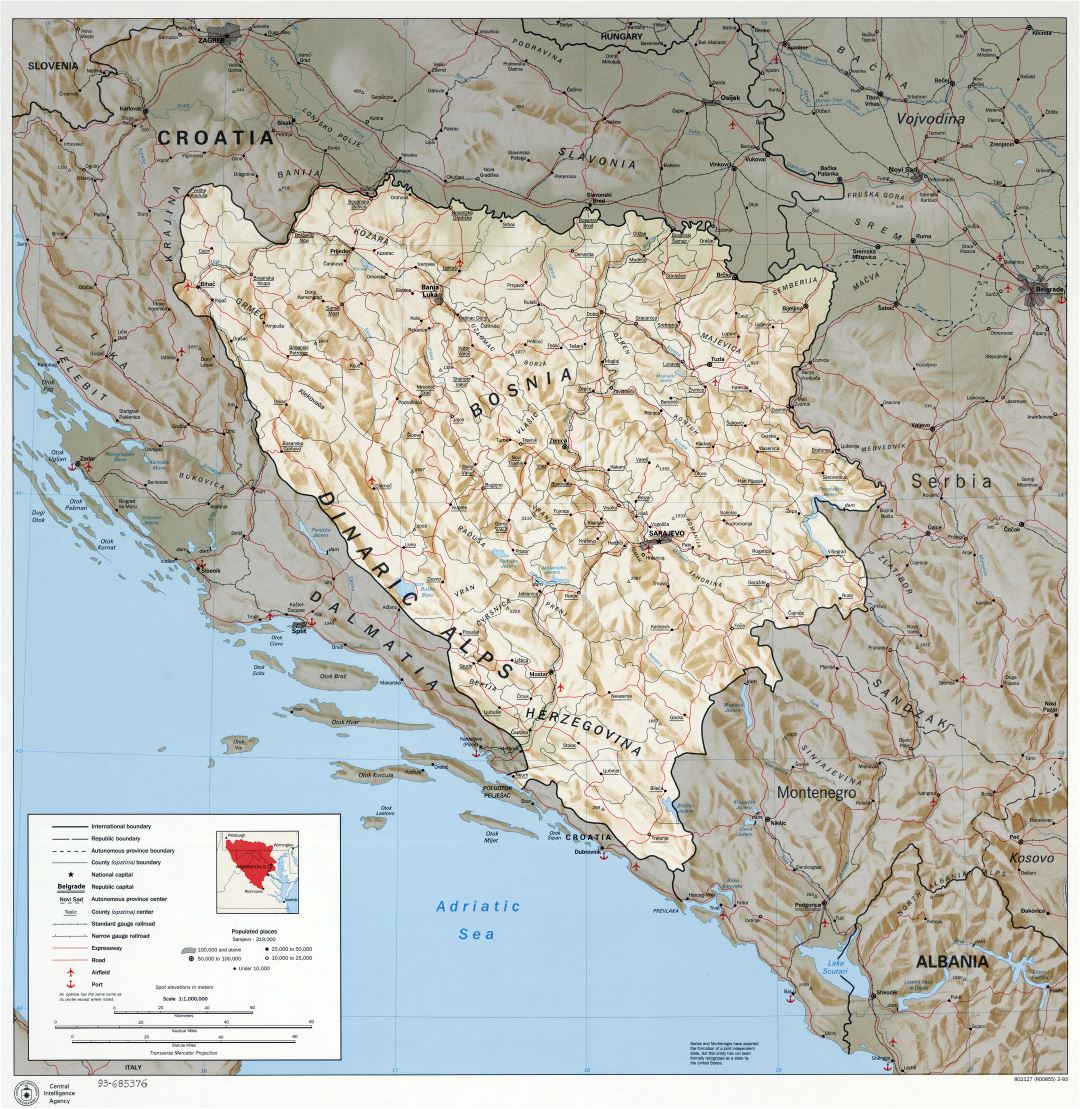 Large scale political and administrative map of Bosnia and Herzegovina with relief, marks of cities, roads, railroads, airfields and seaports - 1993