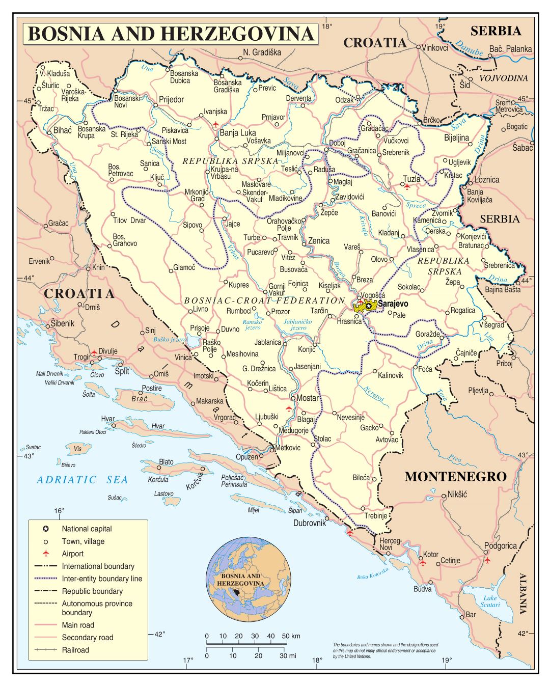 Large scale political and administrative map of Bosnia and Herzegovina with roads, cities and airports