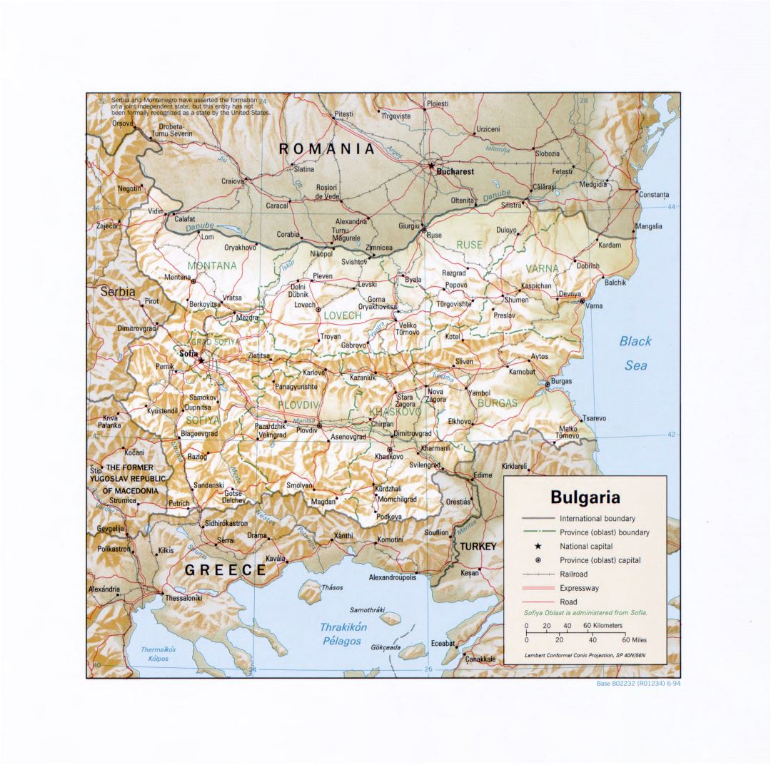 Large detail political and administrative map of Bulgaria with relief, marks of major cities, roads and railroads - 1994