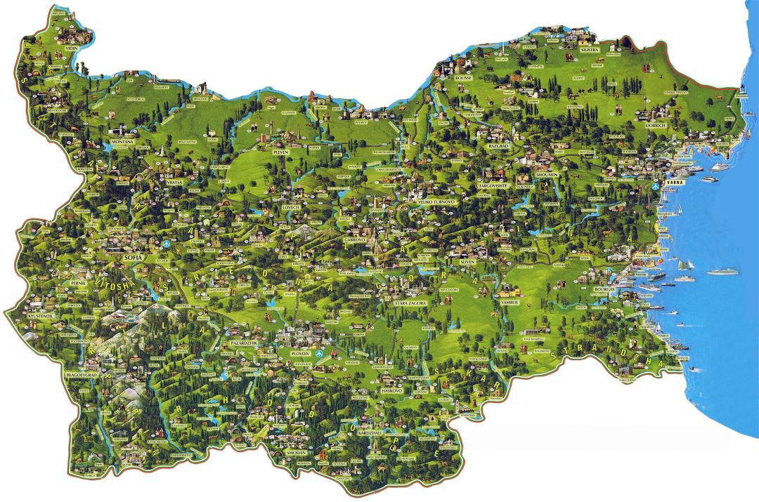 Large detailed tourist map of Bulgaria