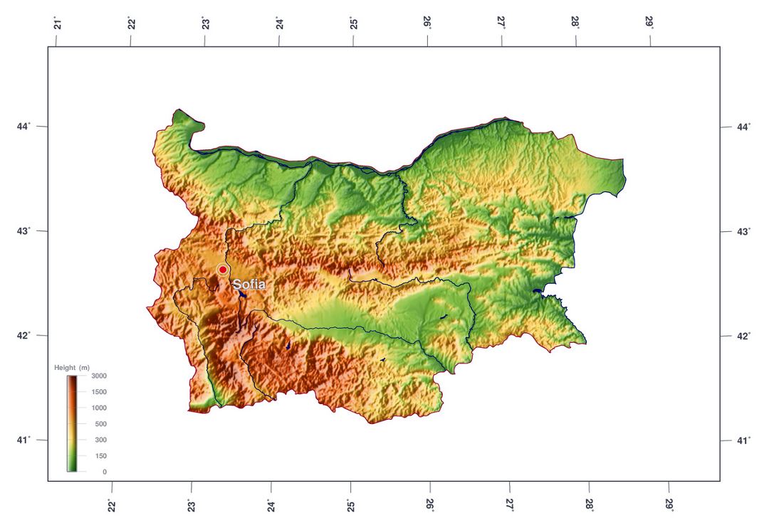 Large elevation map of Bulgaria