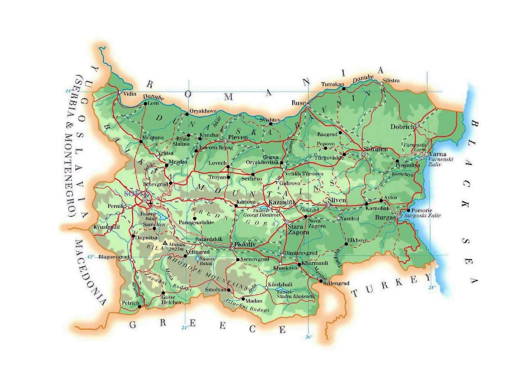 Large elevation map of Bulgaria with roads, cities and airports