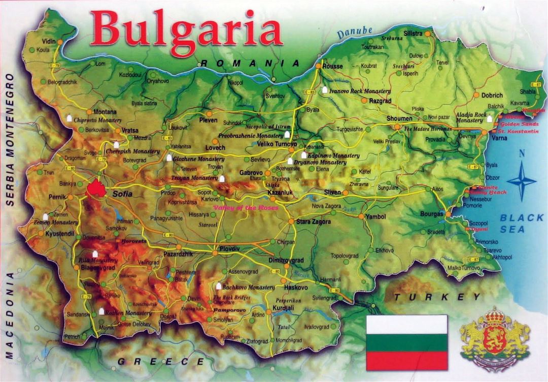 Large map of Bulgaria with relief, roads and cities