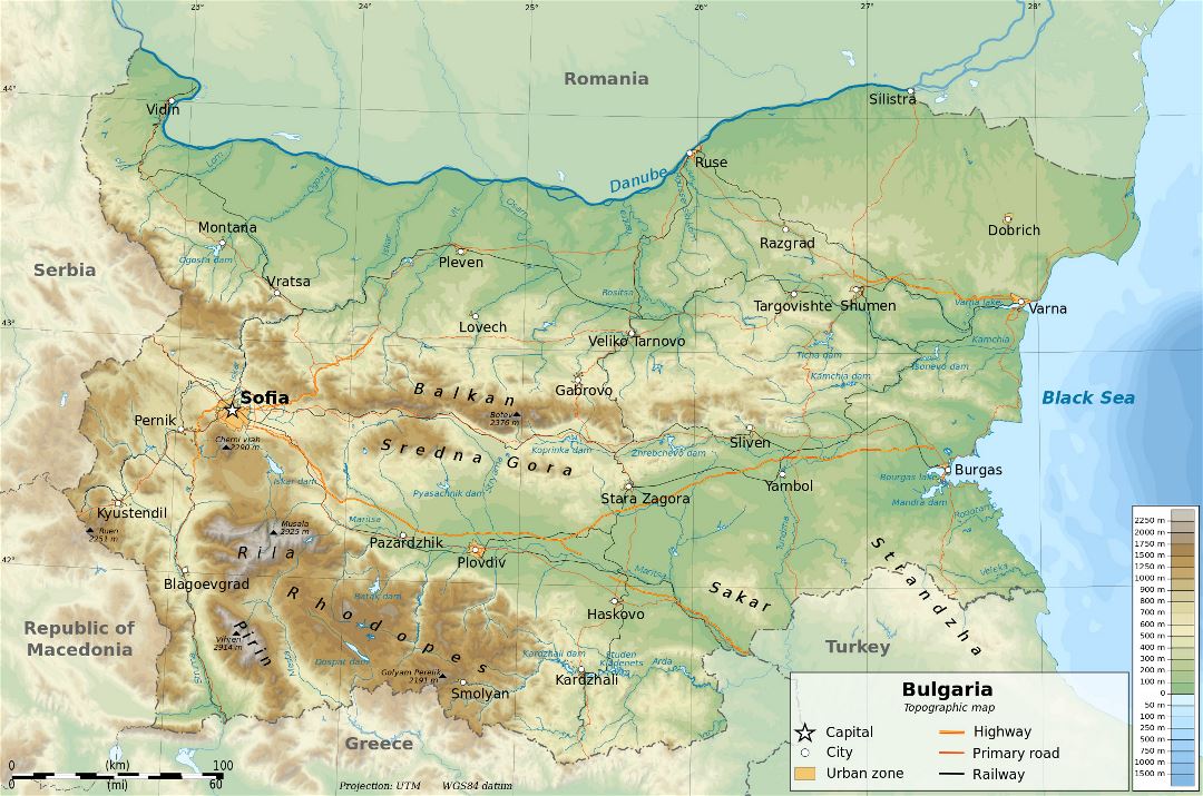 Large physical map of Bulgaria