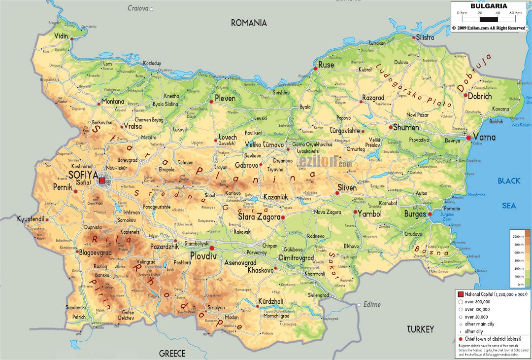 Large physical map of Bulgaria with roads, cities and airports