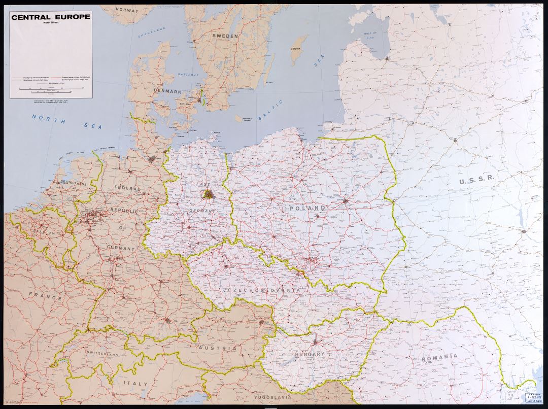 In high resolution detailed political map of Central Europe with the marks of capitals, large cities, railroads and names of countries - 1973 - part - 1 (North)