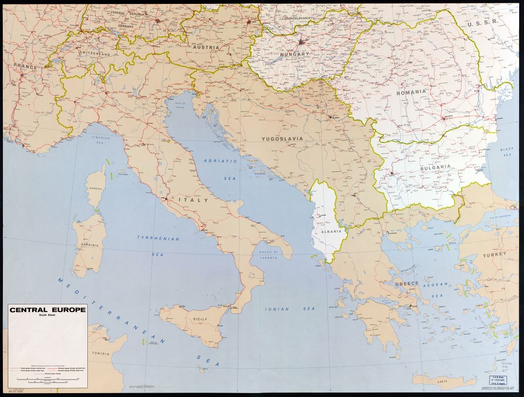 In high resolution detailed political map of Central Europe with the marks of capitals, large cities, railroads and names of countries - 1973 - part - 1 (South)