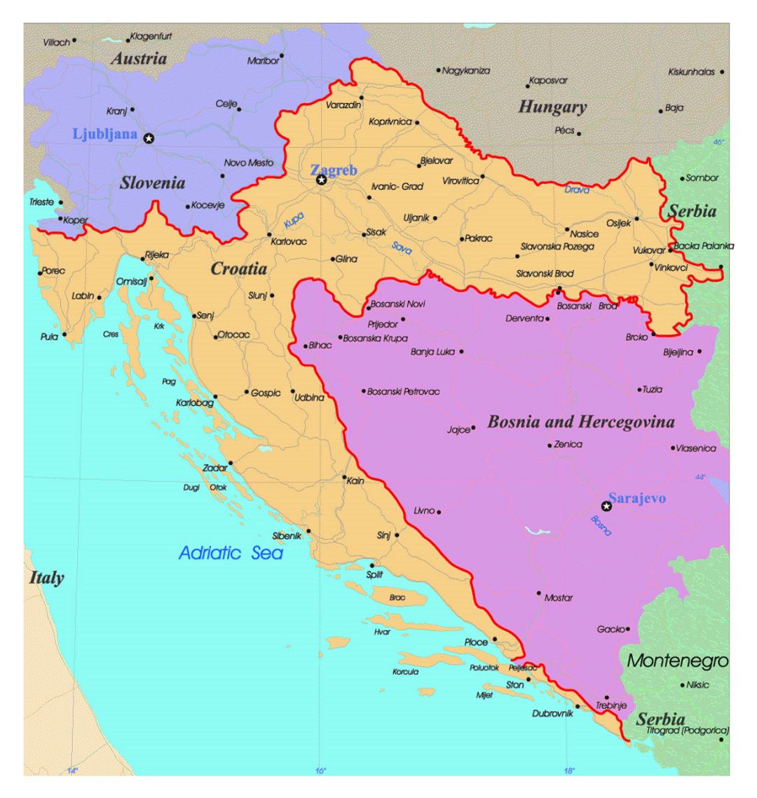 Detailed political map of Croatia with roads and major cities