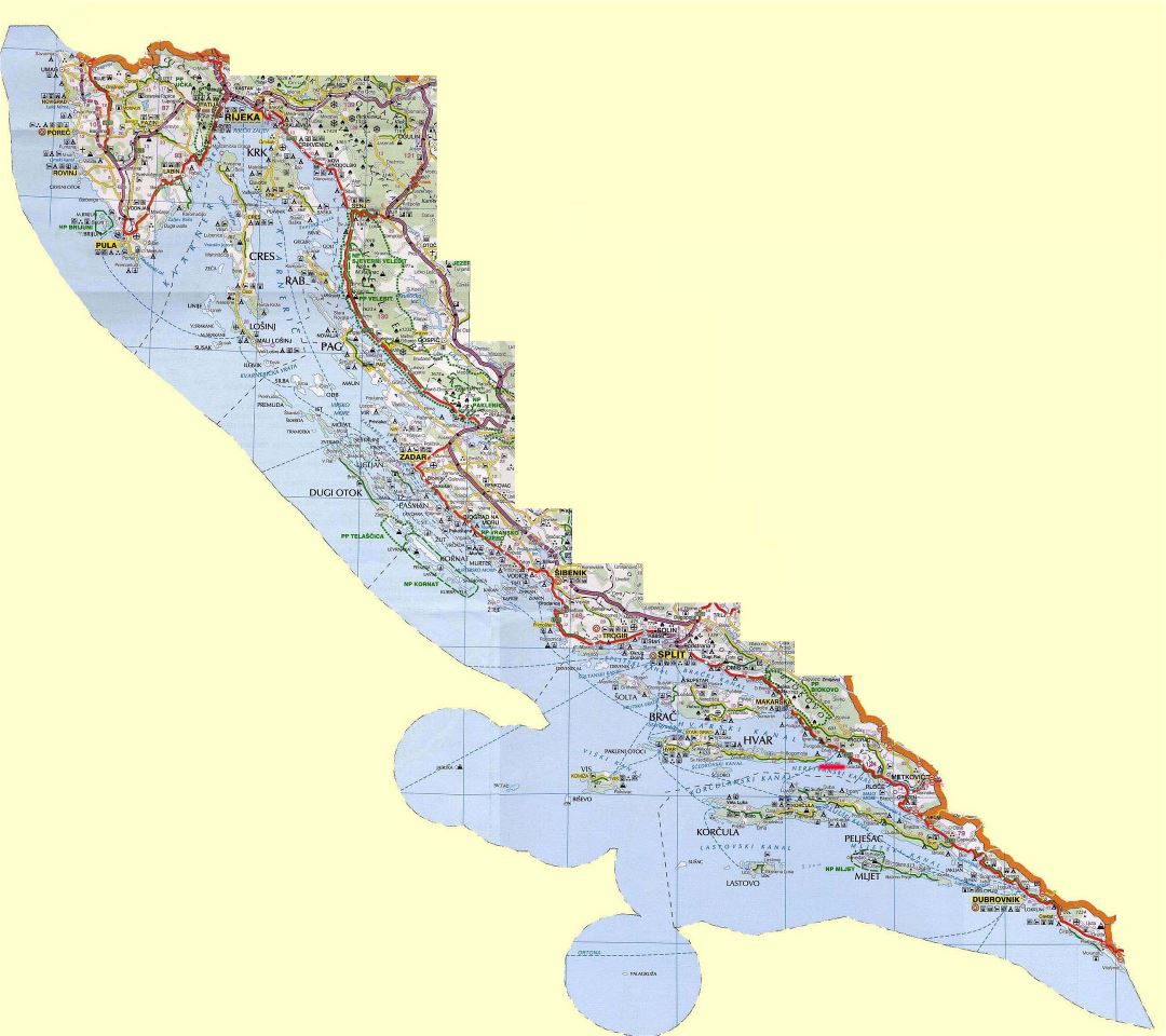 Detailed road map of the Croatian coast